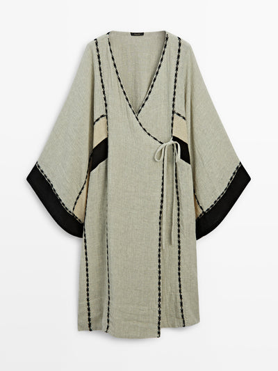 Massimo Dutti Linen blend kaftan with embroidered detail at Collagerie