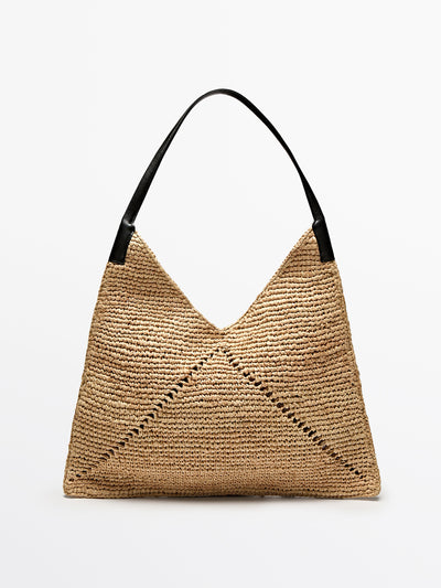 Massimo Dutti Raffia flat shopper bag with leather handle at Collagerie