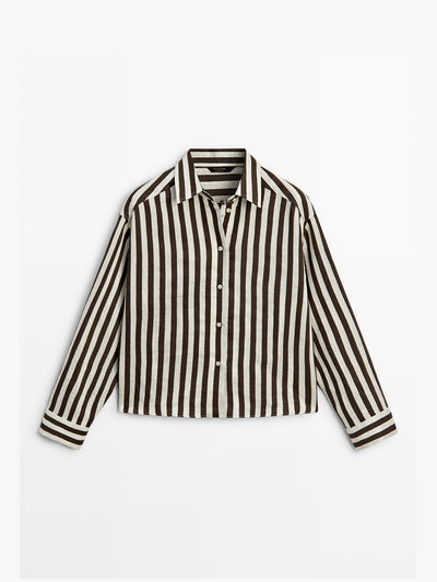 Massimo Dutti Striped cropped linen blend shirt with long sleeves at Collagerie