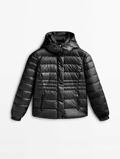 Massimo Dutti Hooded down and feather puffer jacket at Collagerie