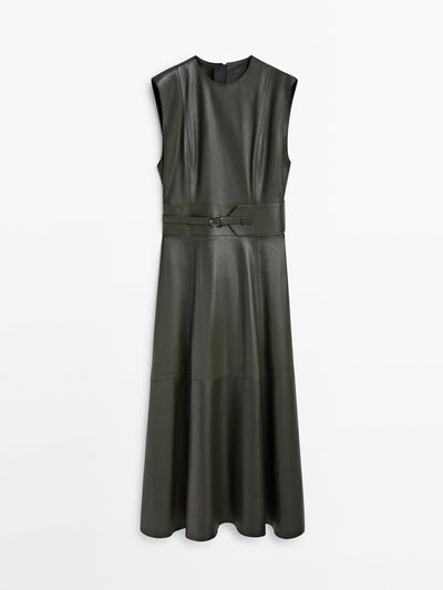 Massimo Dutti Khaki leather midi dress with belt at Collagerie