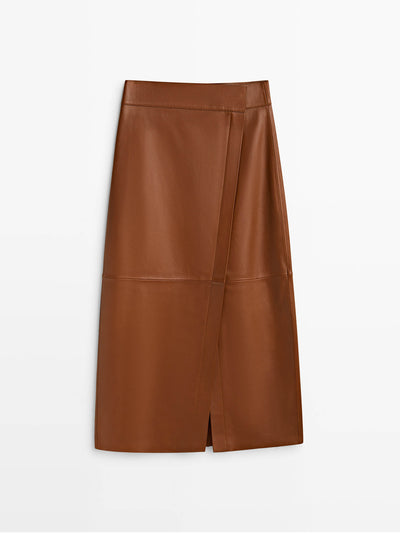 Massimo Dutti Brown leather midi pencil skirt at Collagerie