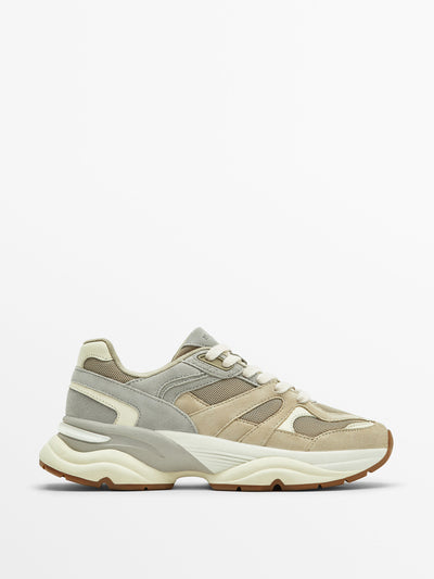 Massimo Dutti Contrast split suede mesh trainers at Collagerie