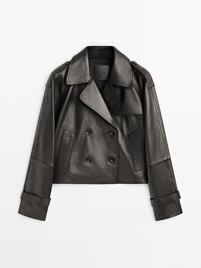 Massimo Dutti Cropped leather trench coat at Collagerie