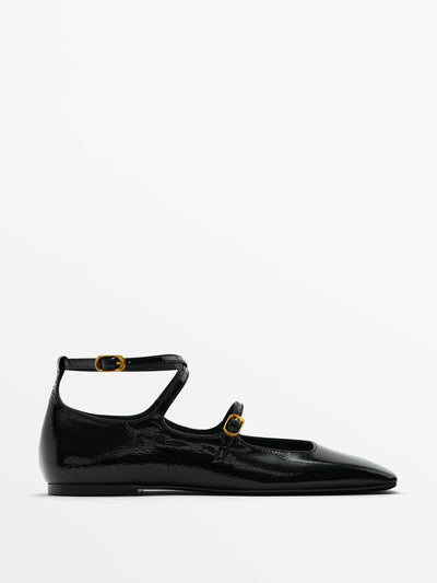 Massimo Dutti Flat patent finish shoes with square toe at Collagerie