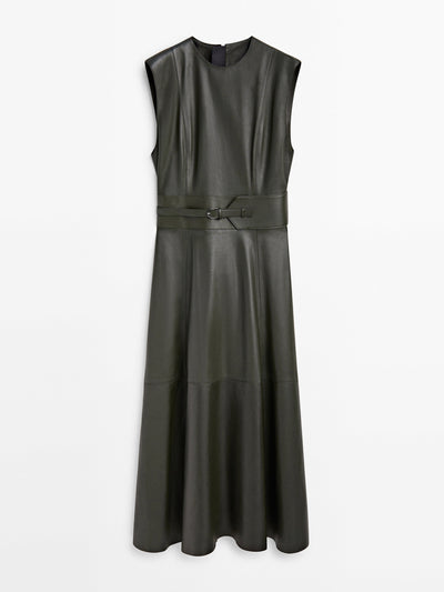 Massimo Dutti Leather midi dress with belt at Collagerie