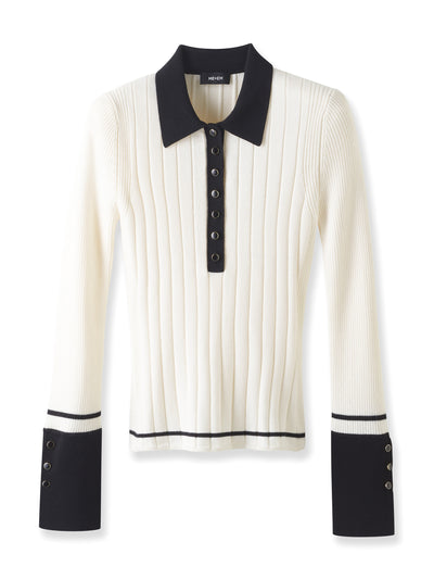 Me+Em Merino silk knit shirt in Soft White/Black at Collagerie