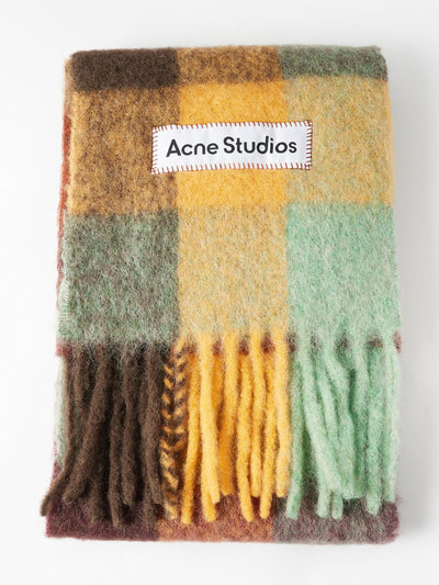 Acne Studios Fringed check-jacquard felted scarf at Collagerie