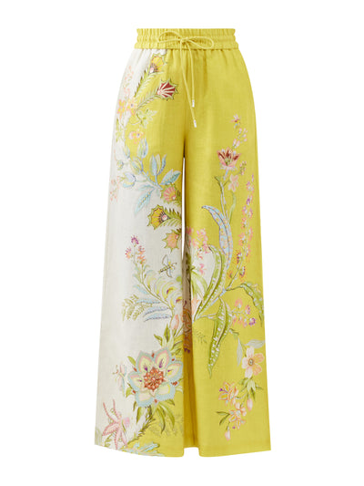 Alémais Yellow floral-print linen wide-leg trousers at Collagerie