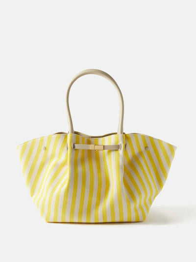 Demellier Yellow striped canvas tote bag at Collagerie