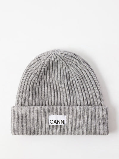 Ganni Logo-patch ribbed wool-blend beanie at Collagerie