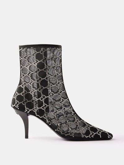 Gucci Black crystal-embellished mesh ankle boots at Collagerie