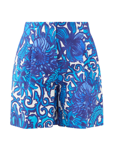 La DoubleJ Blue pleated floral-print cotton shorts at Collagerie