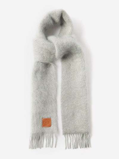 Loewe Grey anagram-patch fringed mohair-blend scarf at Collagerie