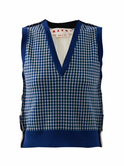 Marni Blue check wool vest at Collagerie