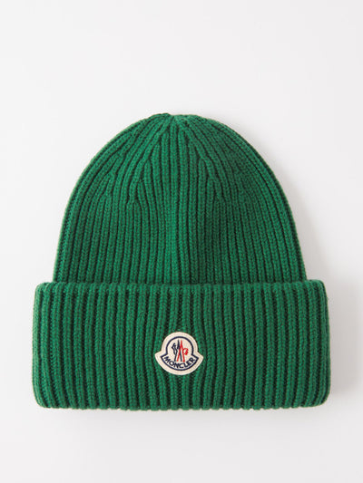 Moncler Logo-patch ribbed wool-blend beanie at Collagerie