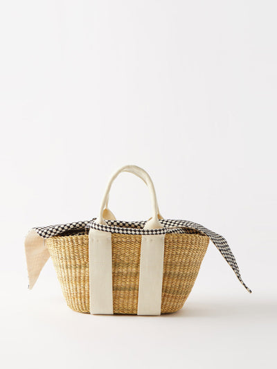 Muuñ Beige canvas-trim woven basket bag at Collagerie