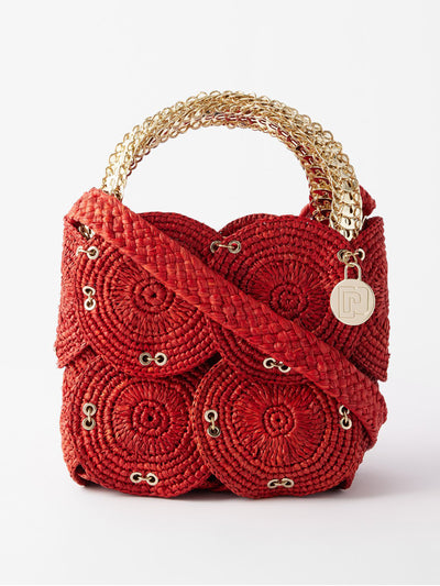 Rabanne Eyelet raffia and chainmail bucket bag at Collagerie