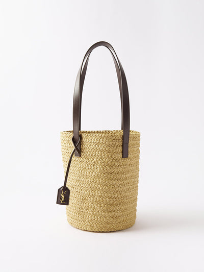 Saint Laurent Beige leather-trim raffia basket bag at Collagerie