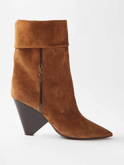 Saint Laurent Niki 85 cone-heel suede boots at Collagerie