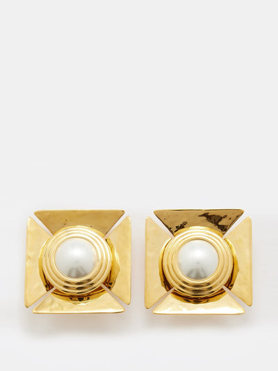 Saint Laurent Pearly square gold-tone clip earrings at Collagerie