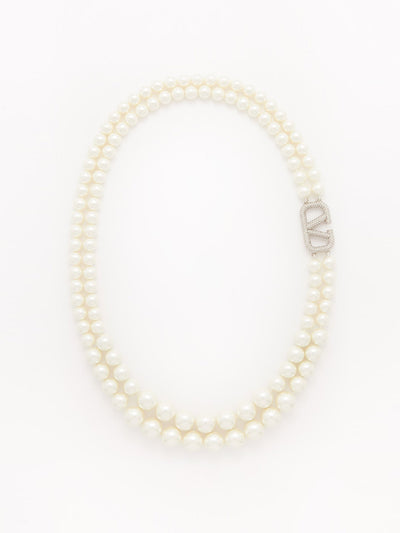 Valentino Garavani V-Logo crystal-embellished faux-pearl necklace at Collagerie