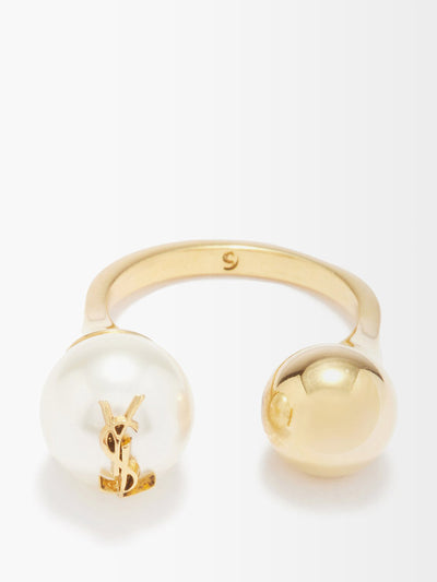 Saint Laurent Faux-pearl & ball brass ring at Collagerie