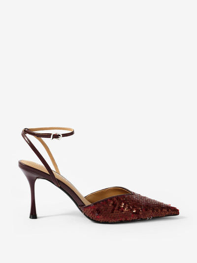Mint Velvet Ari burgundy sequin high heels at Collagerie