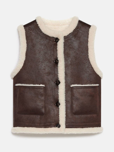 Mint Velvet Brown bonded reversible collarless gilet at Collagerie