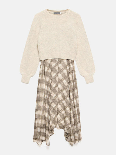 Mint Velvet Brown layered knit checked print midi dress at Collagerie