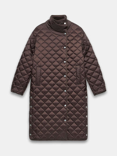 Mint Velvet Brown quilted funnel neck coat at Collagerie
