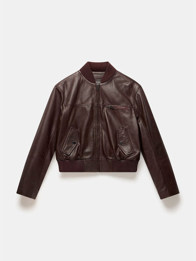 Mint Velvet Burgundy leather bomber jacket at Collagerie