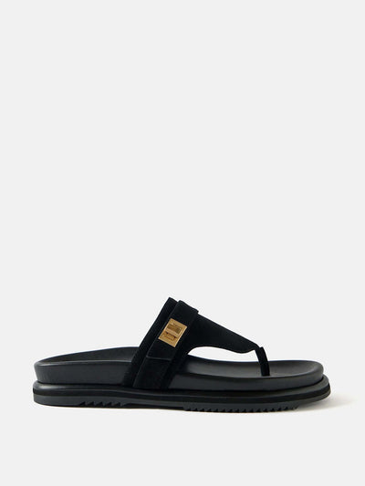 Mint Velvet Cas black suede chunky flip flops at Collagerie