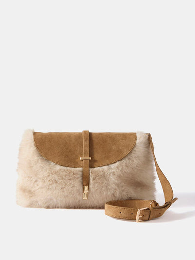 Mint Velvet Chrissy neutral faux fur bag at Collagerie