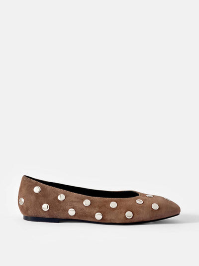 Mint Velvet Coco brown suede studded flats at Collagerie