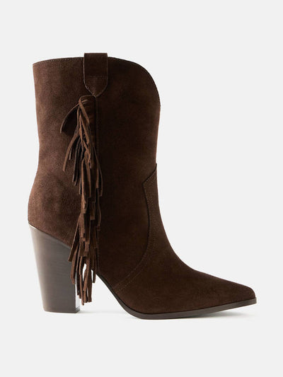 Mint Velvet Flossie brown suede tassel boots at Collagerie