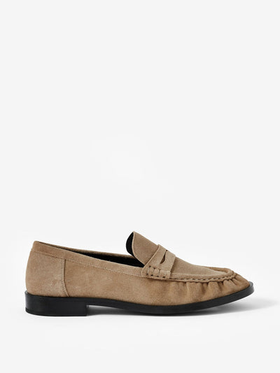 Mint Velvet Gigi neutral suede penny loafers at Collagerie