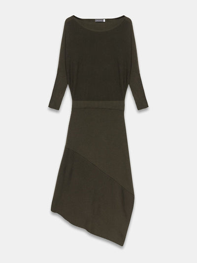 Mint Velvet Khaki batwing asymmetric knit midi dress at Collagerie