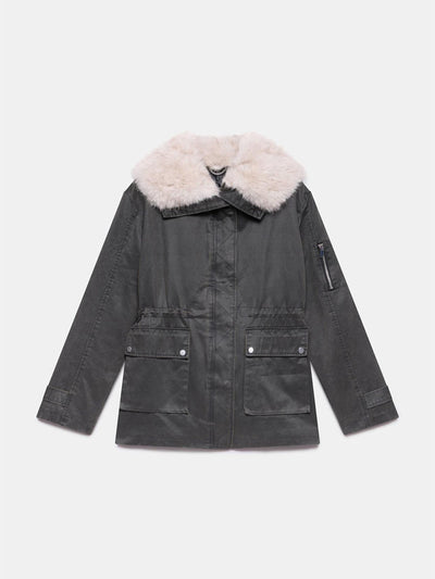 Mint Velvet Khaki wax faux fur trim parka at Collagerie