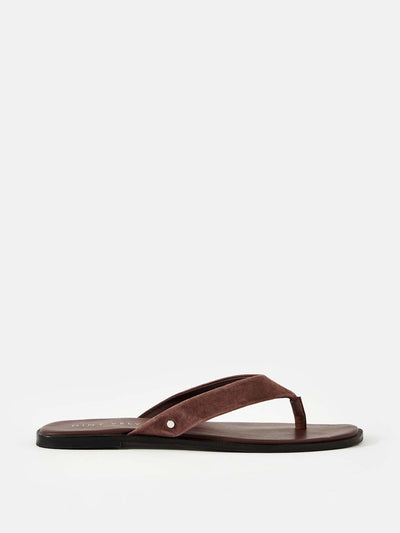 Mint Velvet Lula chocolate brown suede flip flops at Collagerie