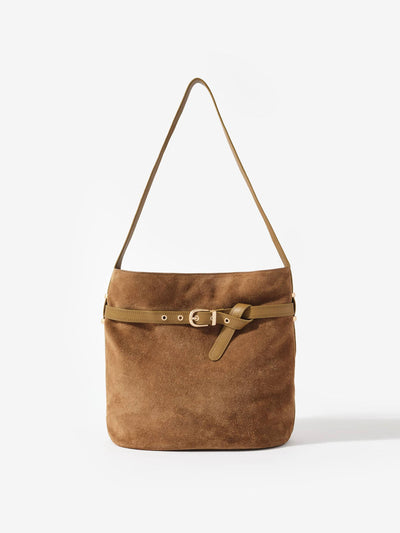 Mint Velvet Maci tan suede bucket bag at Collagerie