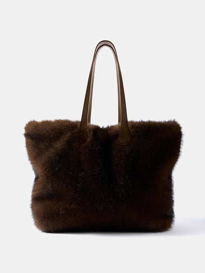 Mint Velvet Millie brown faux fur tote bag at Collagerie