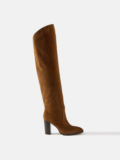 Mint Velvet Nova tan suede long boots at Collagerie
