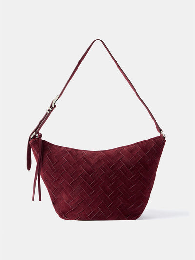 Mint Velvet Stevie burgundy woven bucket bag at Collagerie