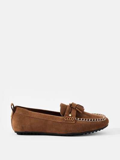 Mint Velvet Syd brown suede deck shoes at Collagerie