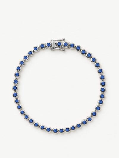 Missoma Tennis round bracelet in sterling silver and sapphire blue nano crystal at Collagerie