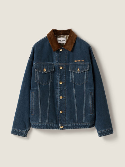 Miu Miu Flocked denim and velvet blouson jacket at Collagerie