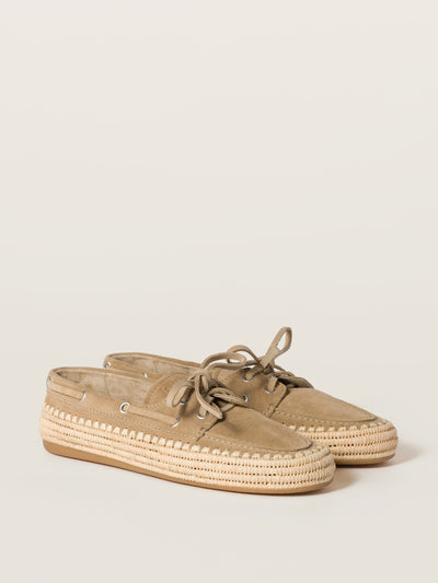 Miu Miu Suede and raffia boat shoes at Collagerie