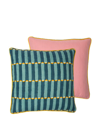 Molly Mahon Contrasting cushion in Luna blue and Isabella pink with yellow piping at Collagerie