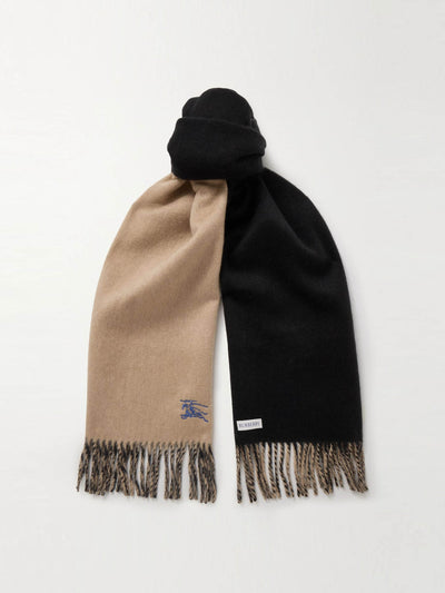 Burberry Reversible logo-embroidered fringed cashmere scarf at Collagerie